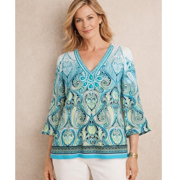 JM Collection Tops - JM Collection Blouse Womens Petite L Blue Paisley Beaded Soutache 3/4 Sleeve Top